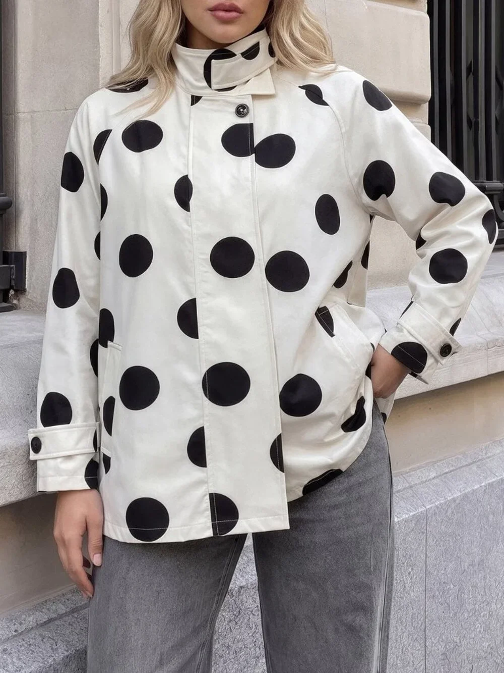 Black And White Casual Women's Polka Dot Print Raglan Long Sleeve Jacket